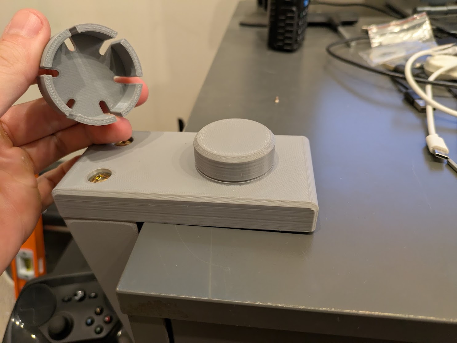 Before printing the entire swivel component, I tested the mechanism with a small prototype piece. It took two tries to get it right.