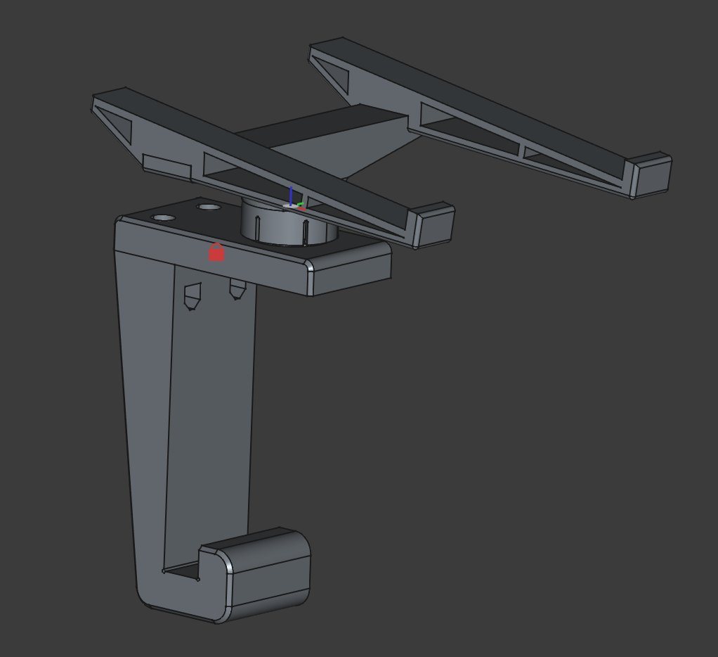 This one consists of multiple parts. The lower hook is probably the most overbuilt part of this whole thing, and turned out to not need to be so strong anyway. The upper hook has the male end of the swivel component. Then the swivel itself snaps into place on top of that. Finally, the arms are screwed into the swivel to secure everything together.