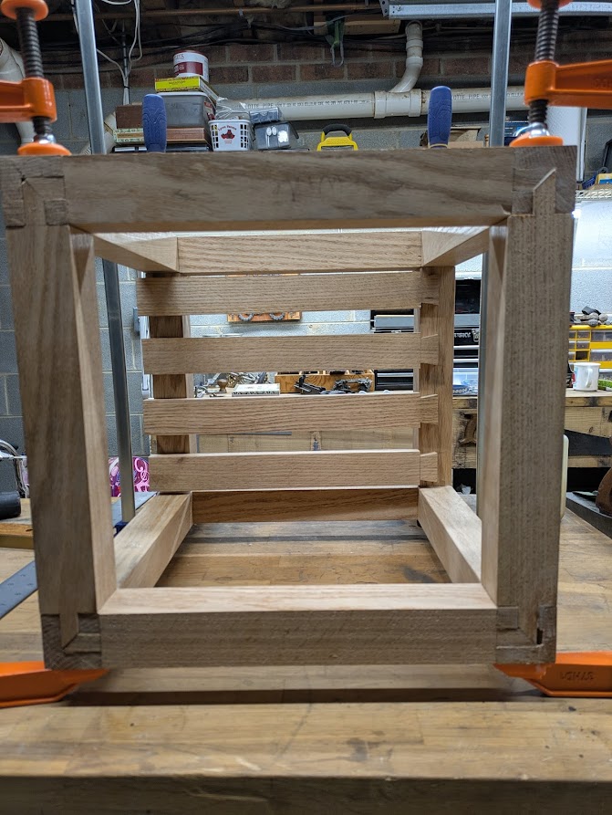 Everything is glued an clamped. Now time to see if the dovetails lined up. They did (phew).