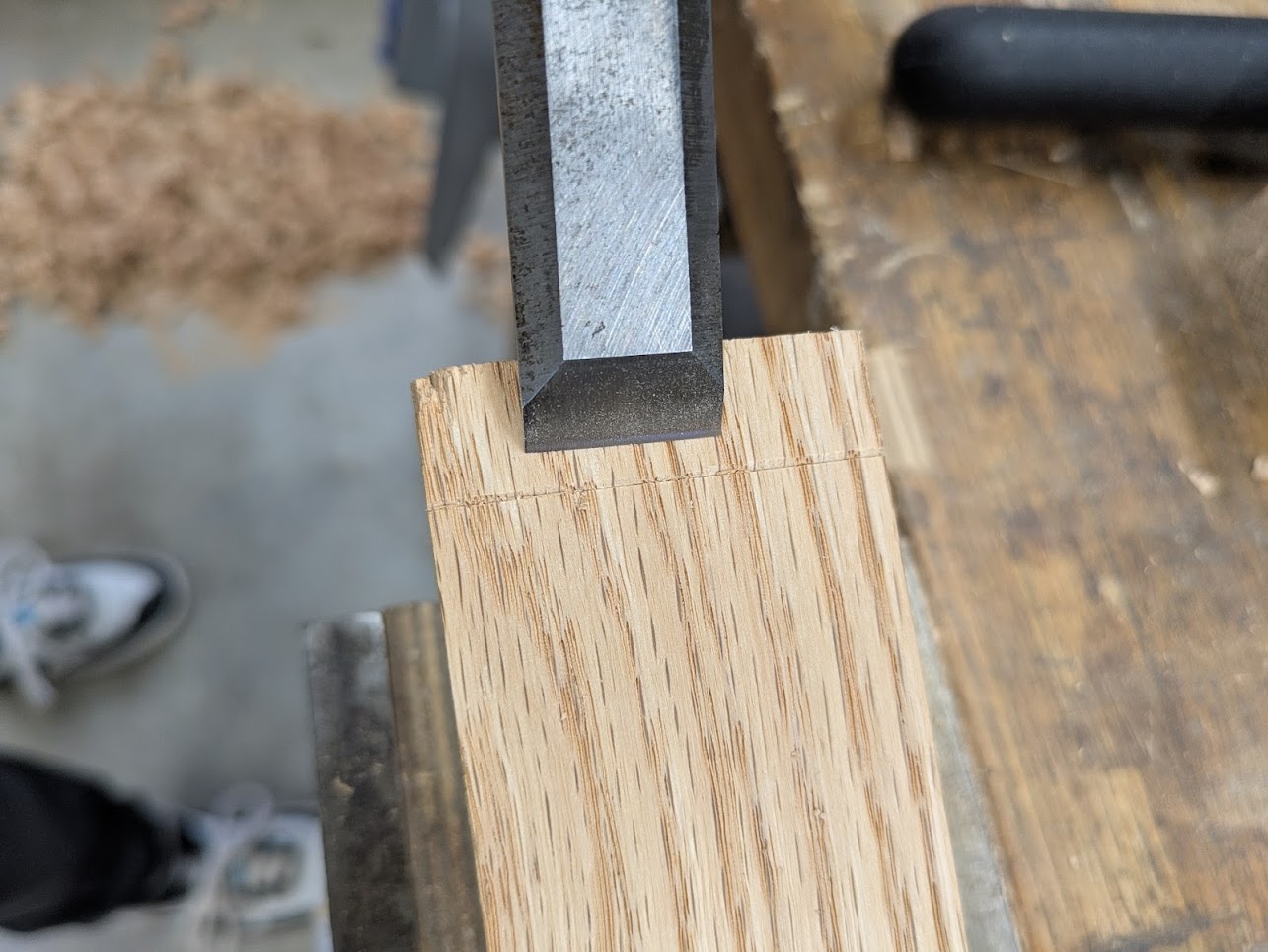 Using a chisel and a marking knife, cut across the grain and make a notch for your saw to fit into. This will always result in a very clean edge exactly where you want it.